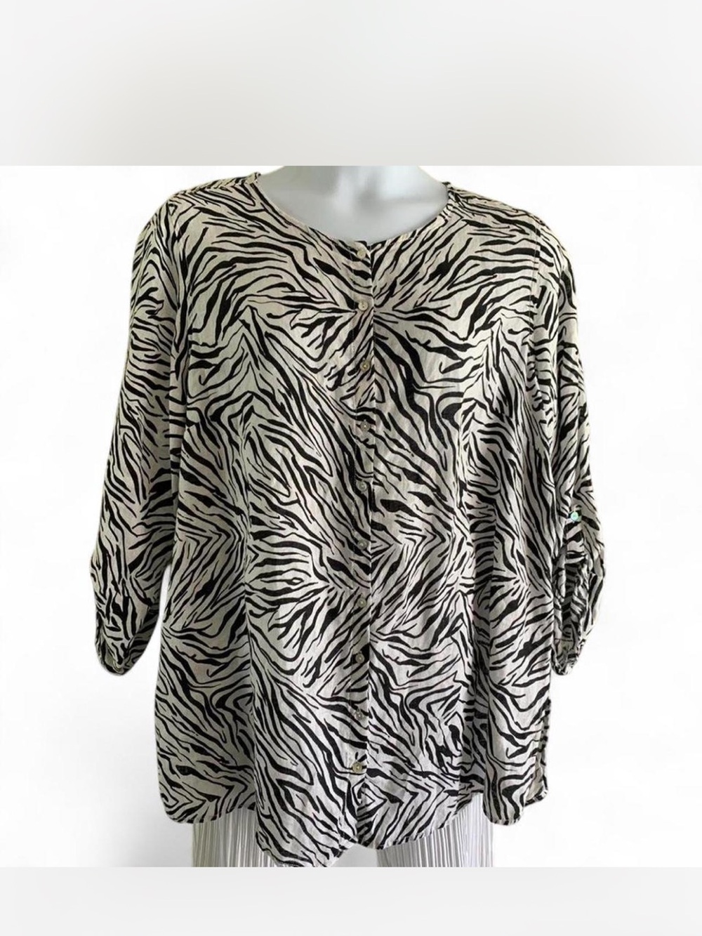 Linen Cynthia Rowley Black & Cream Zebra-Print Button Front Top 2X